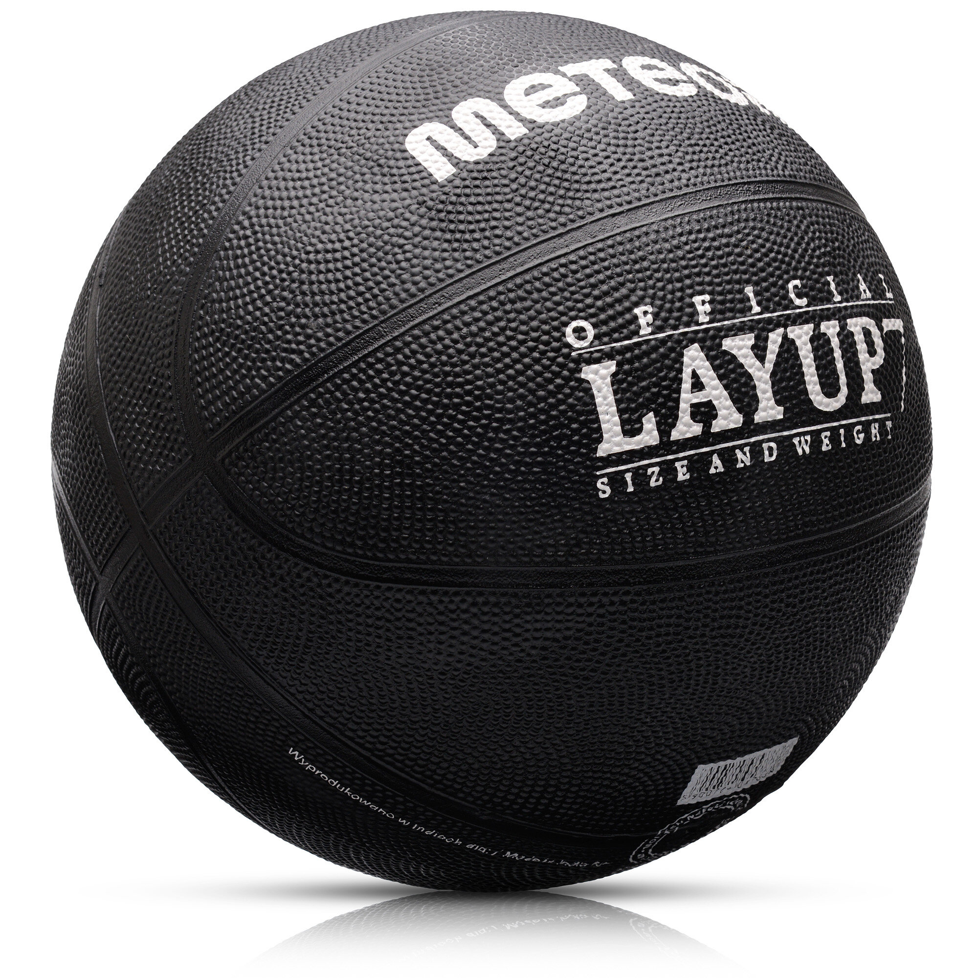 Czarna piłka do koszykówki z widocznym logo \'meteor\' oraz napisem \'OFFICIAL LAYUP SIZE AND WEIGHT\'.
