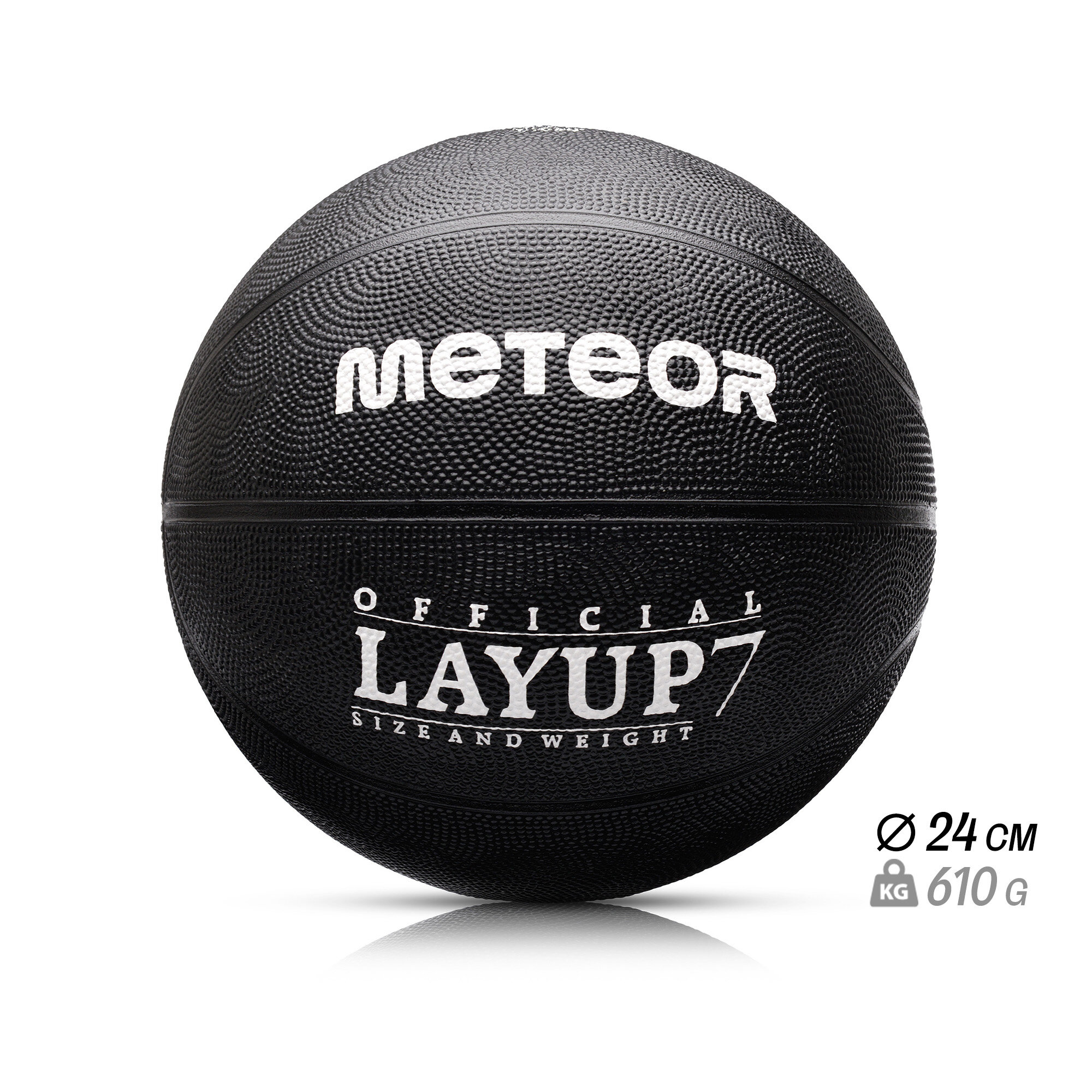 Czarna piłka do koszykówki z białymi napisami \'METEOR\' i \'OFFICIAL LAYUP 7 SIZE AND WEIGHT\'. Widoczne są również oznaczenia: średnica 24 cm i waga 610 g.