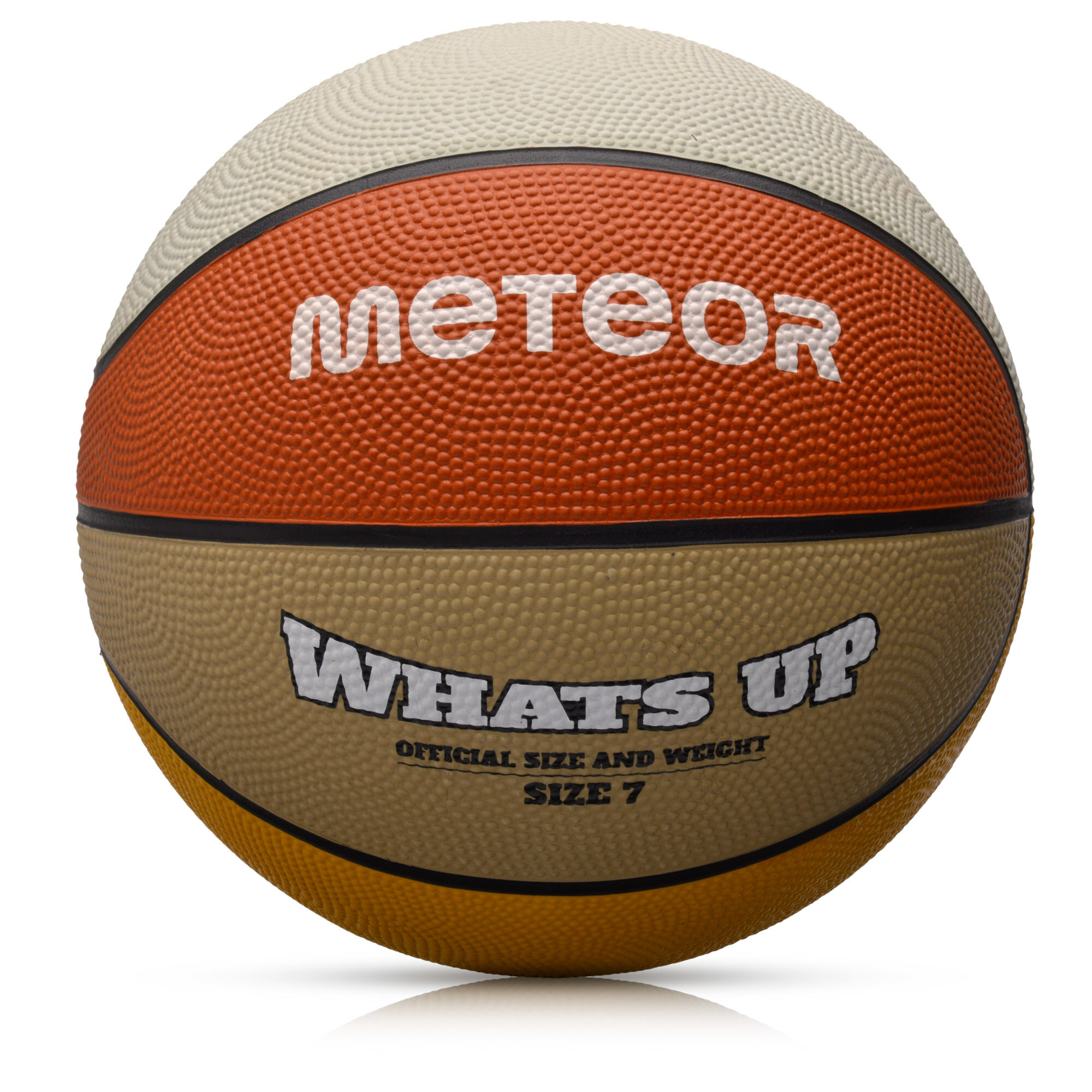 Piłka do koszykówki z widocznym logo \'meteor\' oraz napisem \'WHAT\'S UP OFFICIAL SIZE AND WEIGHT SIZE 7\'.