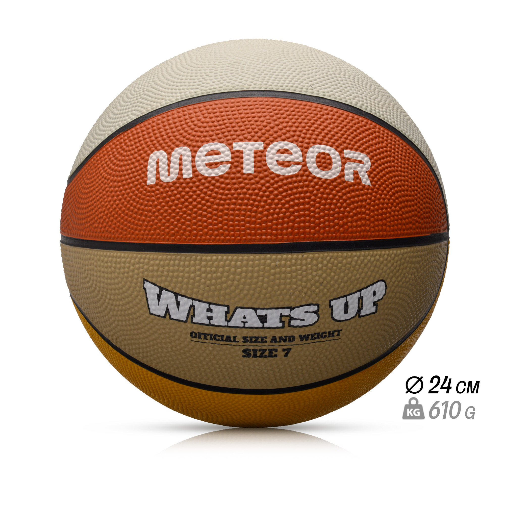 Piłka do koszykówki z widocznym logo \'METEOR\' oraz napisem \'WHAT\'S UP OFFICIAL SIZE AND WEIGHT SIZE 7\'. Piłka ma średnicę 24 cm i waży 610 g.