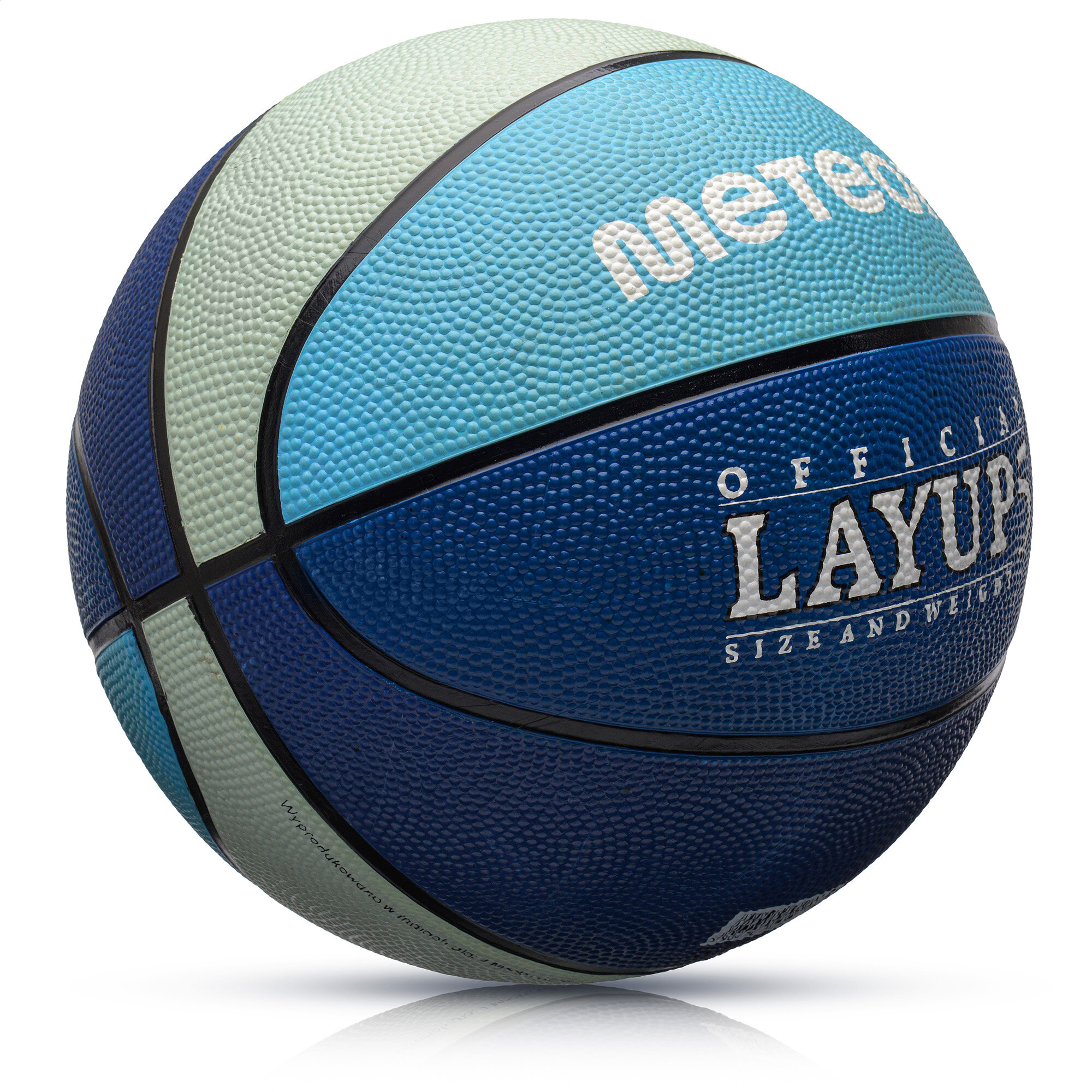 Piłka do koszykówki w kolorach niebieskim i zielonym z widocznymi napisami \'meteor\' i \'OFFICIAL LAYUP SIZE AND WEIGHT\'.