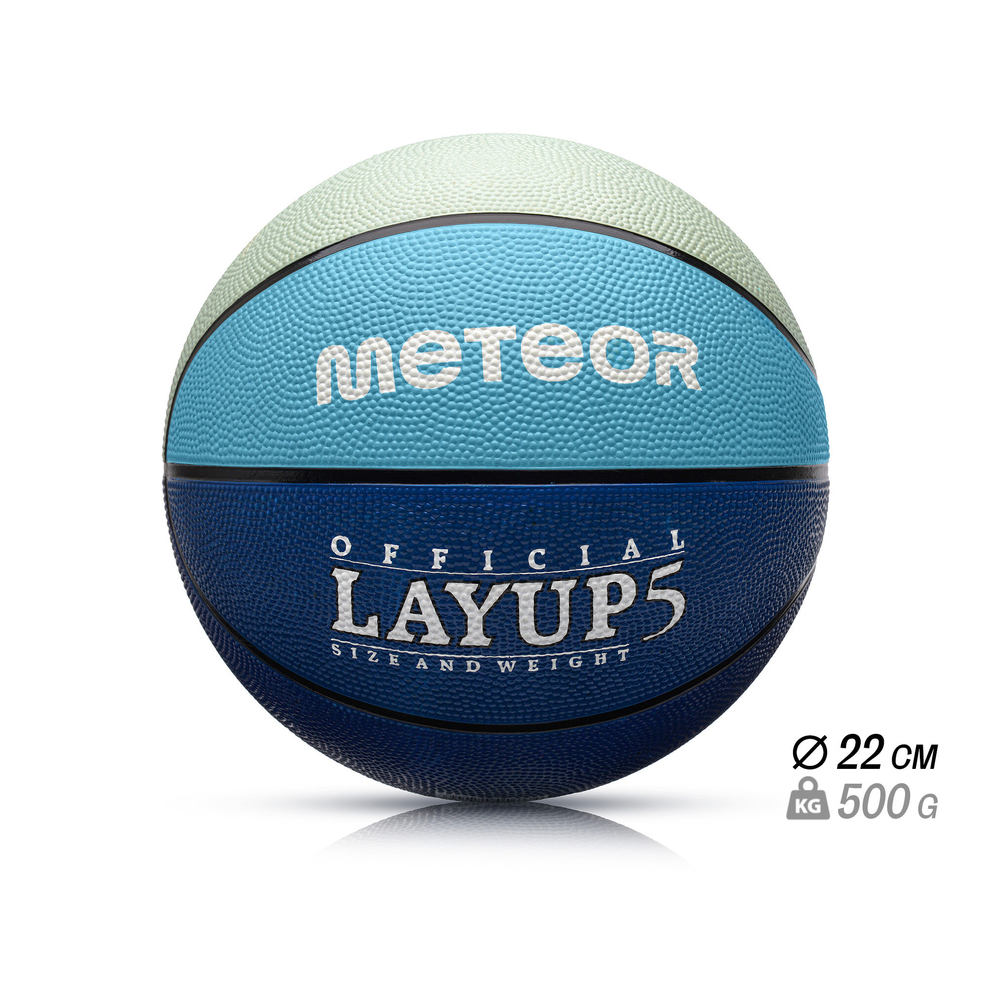 Piłka do koszykówki z logo \'meteor\' na górze i napisem \'OFFICIAL LAYUP 5 SIZE AND WEIGHT\' na dole. Obok widoczne oznaczenia: średnica 22 cm, waga 500 g.