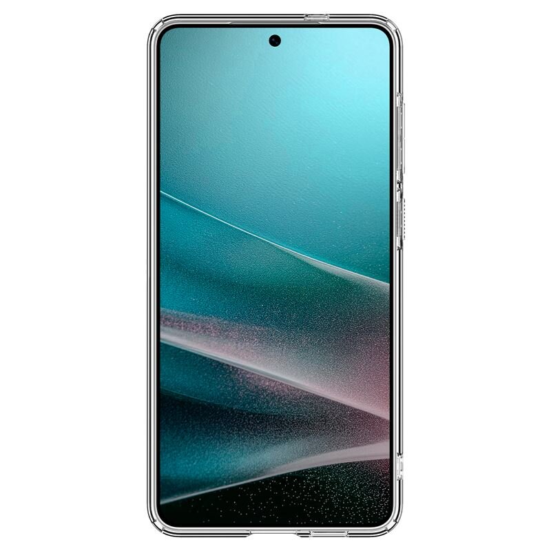 Obraz przedstawia smartfon w przezroczystym etui, z wyświetlaczem pokazującym abstrakcyjną grafikę w odcieniach zieleni i różu. Na górze ekranu widoczny jest otwór na kamerę.