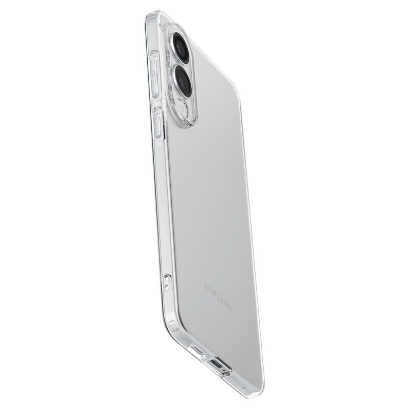 Przezroczyste etui na telefon z widocznymi przyciskami i wycięciami na aparat. Na etui widoczny jest napis \'SAMSUNG\'.