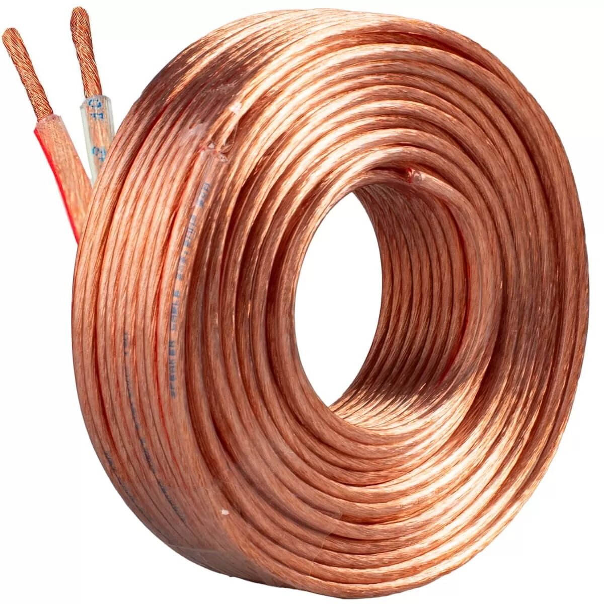 Zdjęcie przedstawia zwinięty kabel głośnikowy o miedzianym kolorze, z widocznymi dwoma przewodami na końcu. Kabel jest gruby i ma przezroczystą izolację.