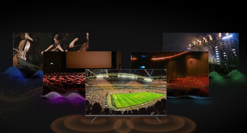 Na obrazie widoczny jest telewizor wyświetlający różne sceny, w tym koncert, stadion piłkarski i salę kinową. W tle widoczne są kolorowe fale dźwiękowe.
