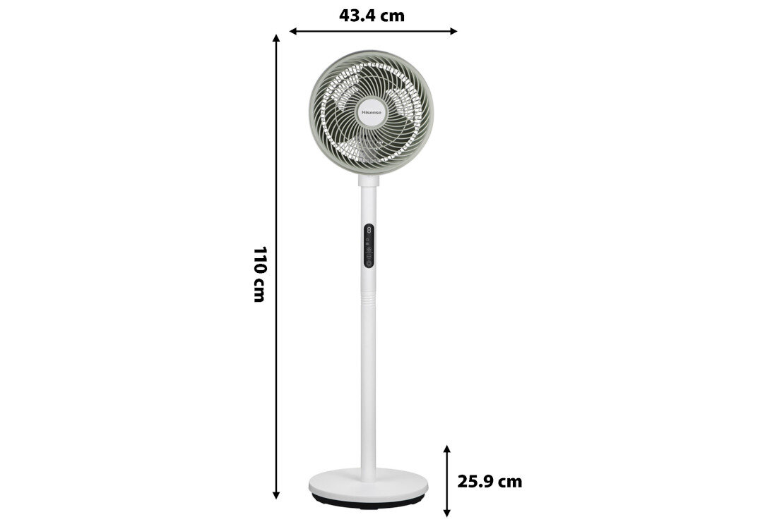 Wentylator stojący z okrągłą głowicą i białą podstawą, oznaczony logo \'Hisense\'. Wymiary: wysokość 110 cm, szerokość głowicy 43.4 cm, średnica podstawy 25.9 cm.