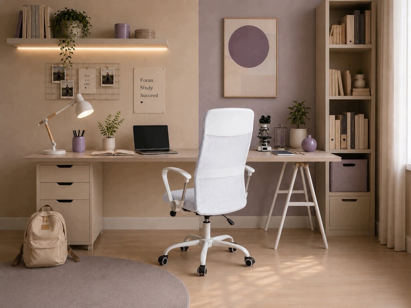 Pokój biurowy z białym fotelem obrotowym przed dużym biurkiem, na którym znajdują się laptop, lampa i rośliny. Na ścianie widoczne są półki z książkami i dekoracjami oraz plakat z napisem \'Focus Study Succeed\'.