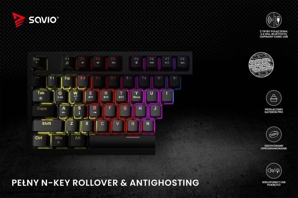 Obraz przedstawia klawiaturę z podświetleniem RGB, z logo \'SAVIO\' w lewym górnym rogu. Na dole widnieje napis \'PEŁNY N-KEY ROLLOVER & ANTIGHOSTING\'.