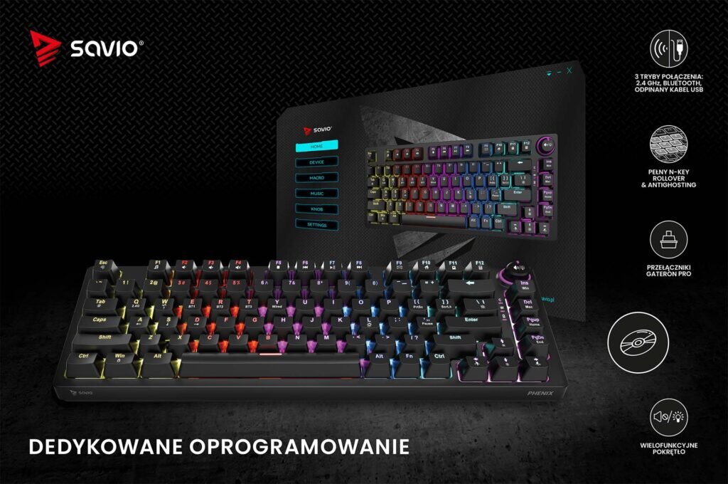 Obraz przedstawia klawiaturę z podświetleniem RGB oraz ekran z dedykowanym oprogramowaniem. Widoczne są ikony i teksty: \'3 TRYBY POŁĄCZENIA: 2.4 GHz, BLUETOOTH, ODPINANY KABEL USB\', \'PEŁNY N-KEY ROLLOVER & ANTI-GHOSTING\', \'PRZEŁĄCZNIKI GATERON PRO\', \'WIELOFUNKCYJNE POKRĘTŁO\'.