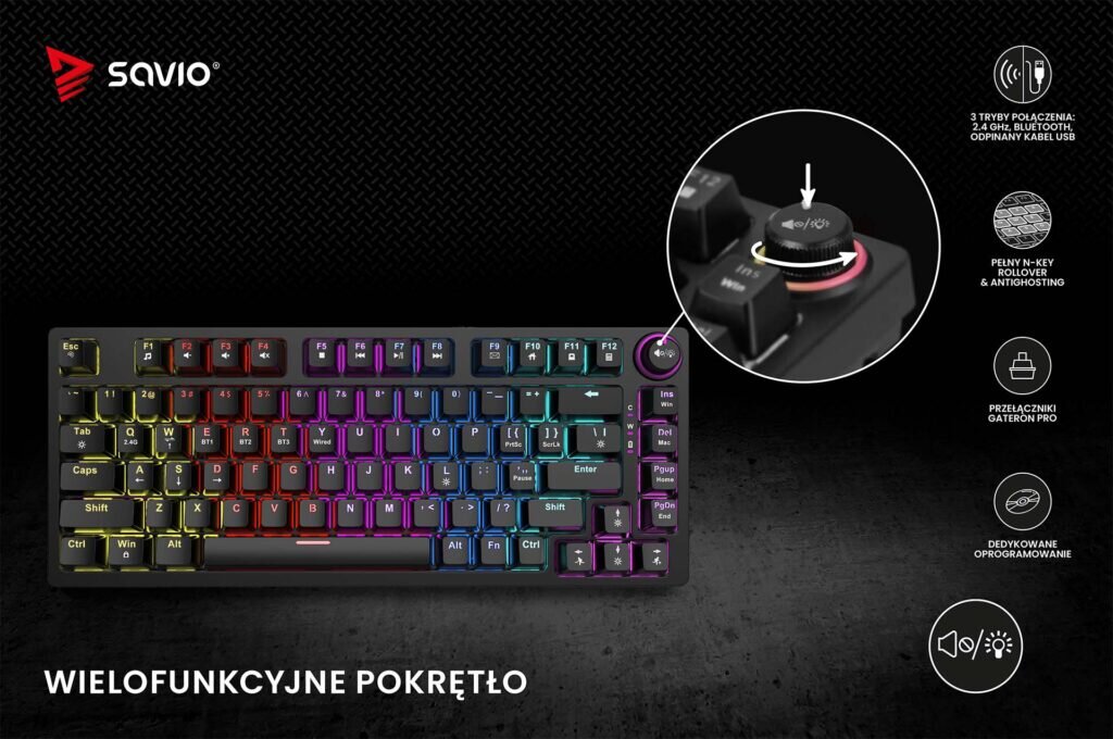 Obraz przedstawia klawiaturę z podświetleniem RGB i wielofunkcyjnym pokrętłem. Widoczne są także ikony i teksty opisujące funkcje, takie jak \'3 tryby połączenia\', \'Pełny N-Key Rollover & Anti-Ghosting\', \'Przełączniki Gateron Pro\', \'Dedykowane oprogramowanie\'.