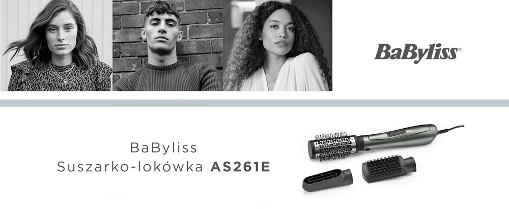 Obraz przedstawia trzy czarno-białe zdjęcia osób oraz suszarko-lokówkę z wymiennymi końcówkami. Widoczny jest tekst: \'BaByliss Suszarko-lokówka AS261E\'.