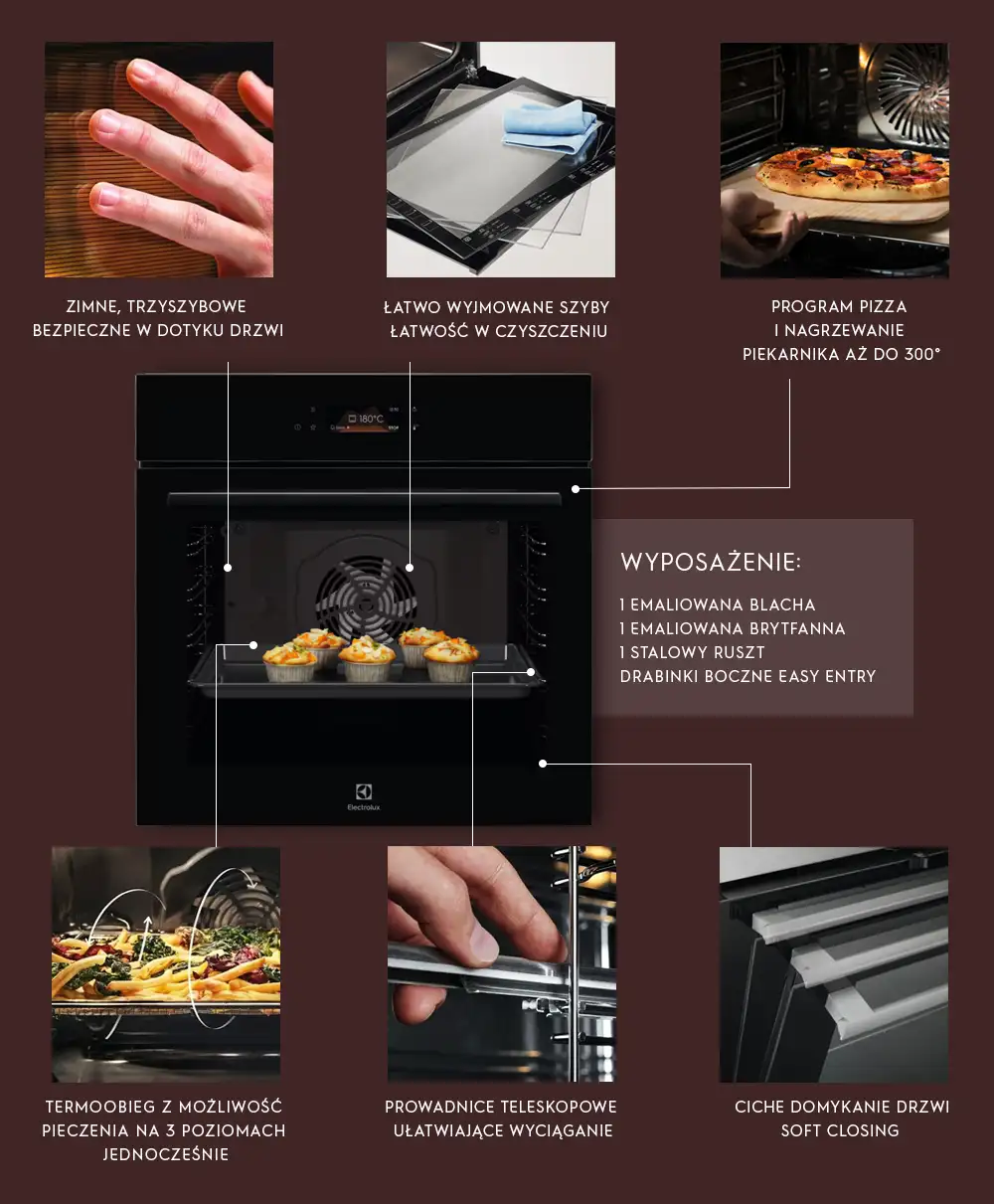 Obraz przedstawia piekarnik z różnymi funkcjami i cechami, takimi jak zimne, trzyszybowe drzwi, łatwo wyjmowane szyby, program pizza z nagrzewaniem do 300 stopni oraz termoobieg z możliwością pieczenia na 3 poziomach jednocześnie. Widoczny jest również tekst: \'WYPOSAŻENIE: 1 emaliowana blacha, 1 emaliowana brytfanna, 1 stalowy ruszt, drabinki boczne Easy Entry\'.