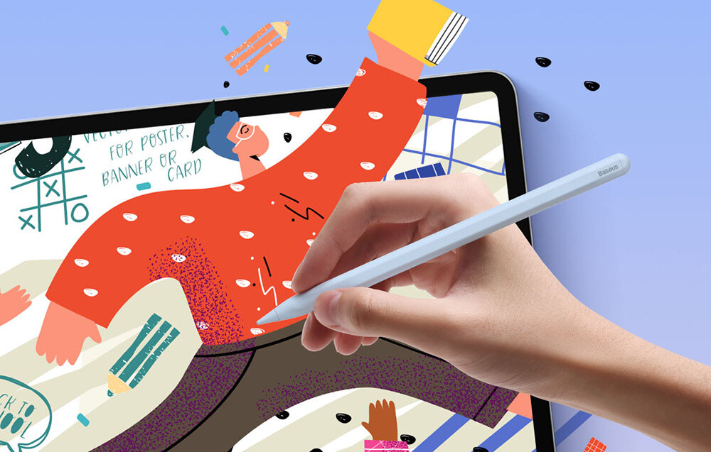 Rysik w kolorze niebieskim jest trzymany nad ekranem tabletu, na którym widoczna jest kolorowa ilustracja z postacią i różnymi elementami graficznymi. Na rysiku widnieje napis \'Baseus\'.