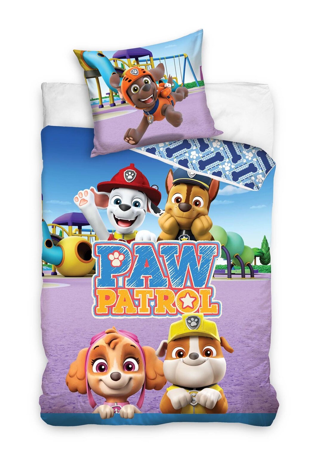 Komplet pościeli dziecięcej z motywem z bajki \'Paw Patrol\', przedstawiający postacie z serialu na tle placu zabaw. Na pościeli widoczny jest napis \'PAW PATROL\'.