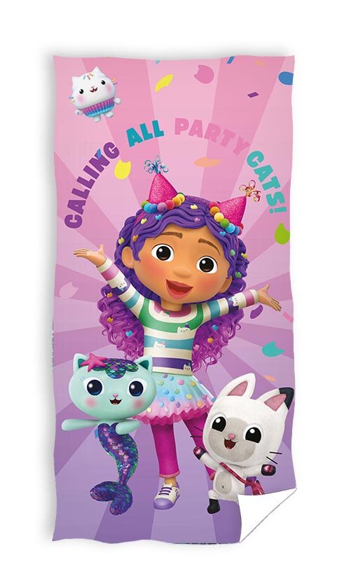 Ręcznik z postacią dziewczynki w kolorowej sukience i dwoma kotami na tle różowych promieni. Na ręczniku widnieje napis \'CALLING ALL PARTY CATS!\'.