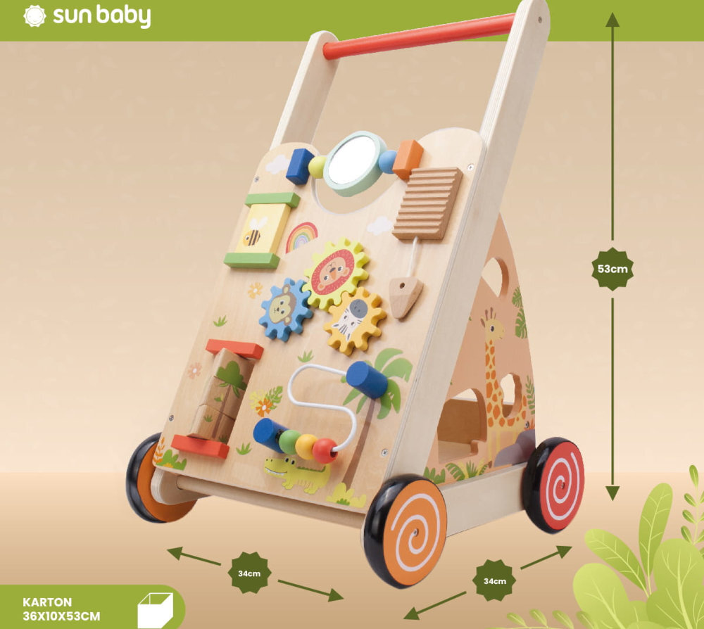 Drewniany pchacz dla dziecka z kolorowymi elementami do zabawy, takimi jak koła zębate, koraliki na drucie i lusterko. Na pchaczu widoczne są wymiary: wysokość 53 cm, szerokość 34 cm, a na dole napis \'KARTON 36X10X53CM\'.
