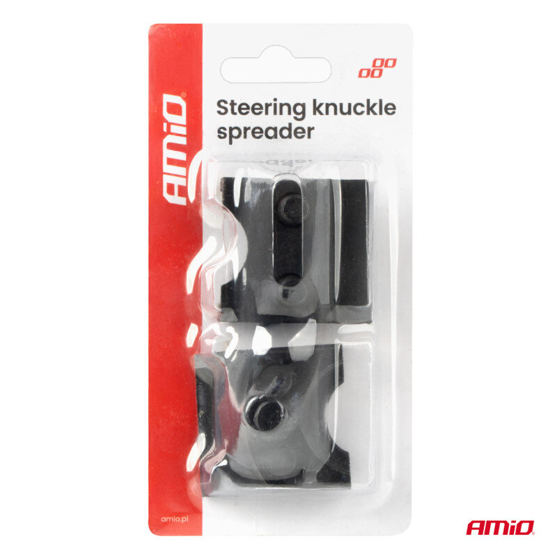 Opakowanie produktu z napisem \'Steering knuckle spreader\' oraz logo \'AMiO\'. Wewnątrz znajdują się dwa metalowe elementy w kolorze czarnym.