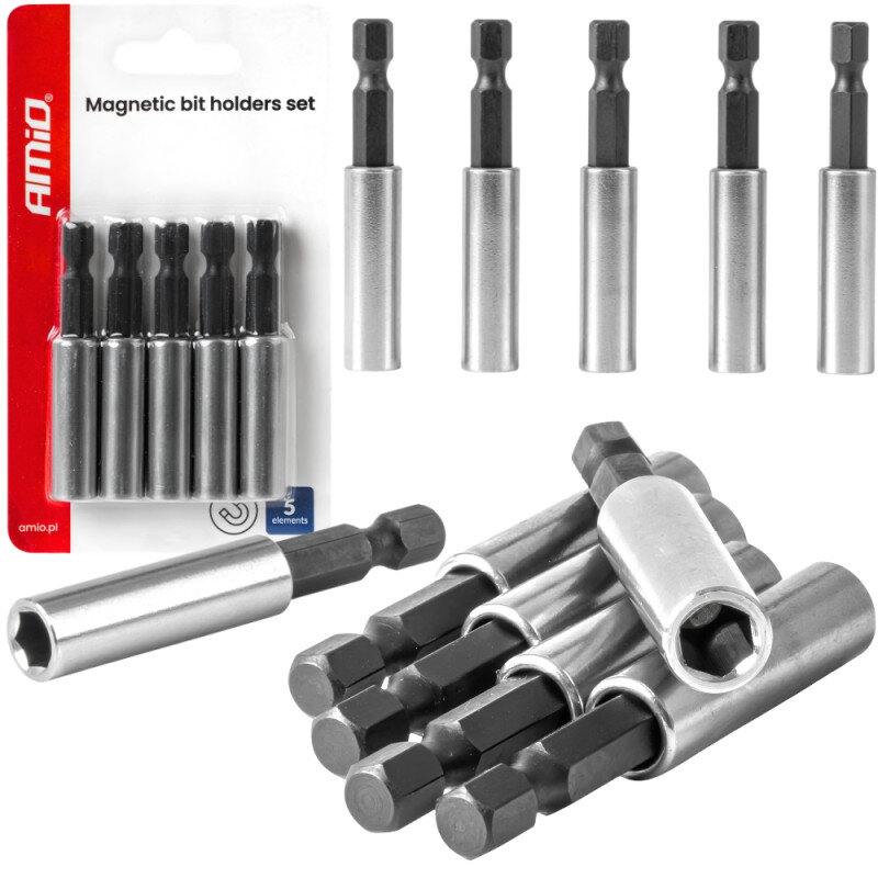 Na obrazie widoczny jest zestaw pięciu uchwytów magnetycznych do bitów, zapakowany w opakowanie z logo \'AMiO\' i napisem \'Magnetic bit holders set\'. Uchwyt ma metaliczną obudowę i ciemny, sześciokątny trzpień.