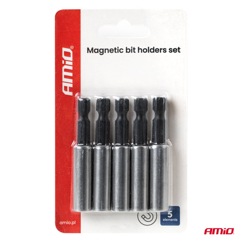 Opakowanie zawiera zestaw pięciu magnetycznych uchwytów do bitów. Na opakowaniu widnieje napis \'Magnetic bit holders set\' oraz logo \'AMiO\'.
