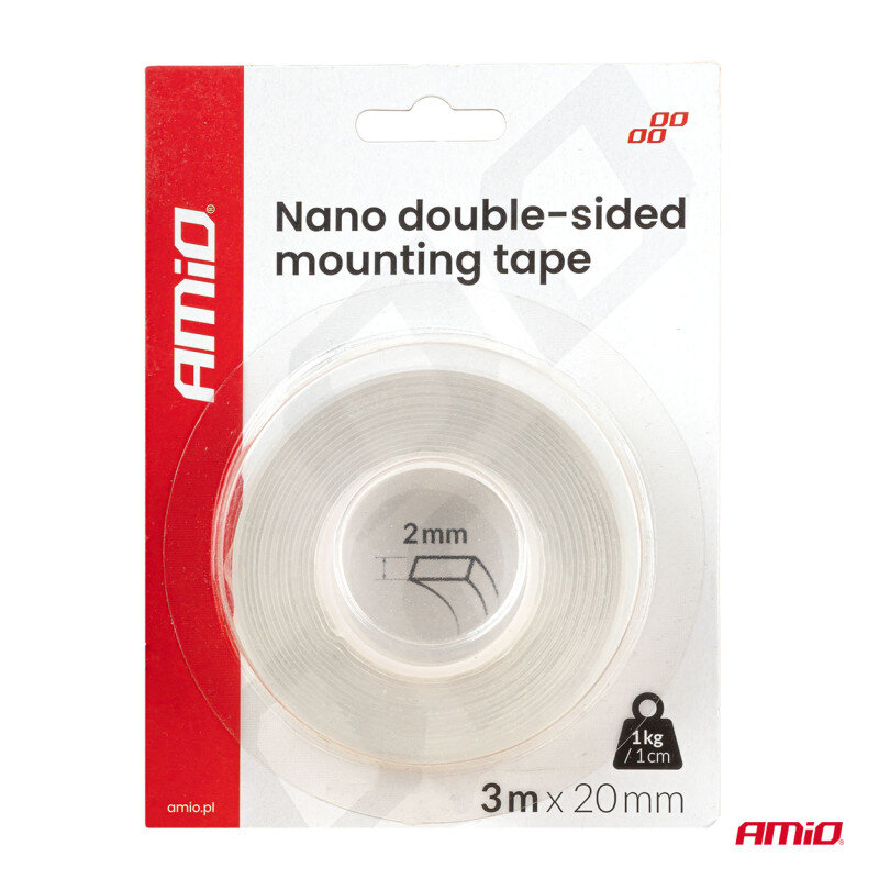 Opakowanie z przezroczystą taśmą montażową dwustronną o długości 3 m i szerokości 20 mm. Na opakowaniu widnieje napis \'Nano double-sided mounting tape\' oraz logo \'AMiO\'.