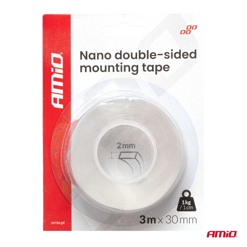 Opakowanie z przezroczystą taśmą montażową o wymiarach 3m x 30mm, z logo AMiO i napisem \'Nano double-sided mounting tape\'.