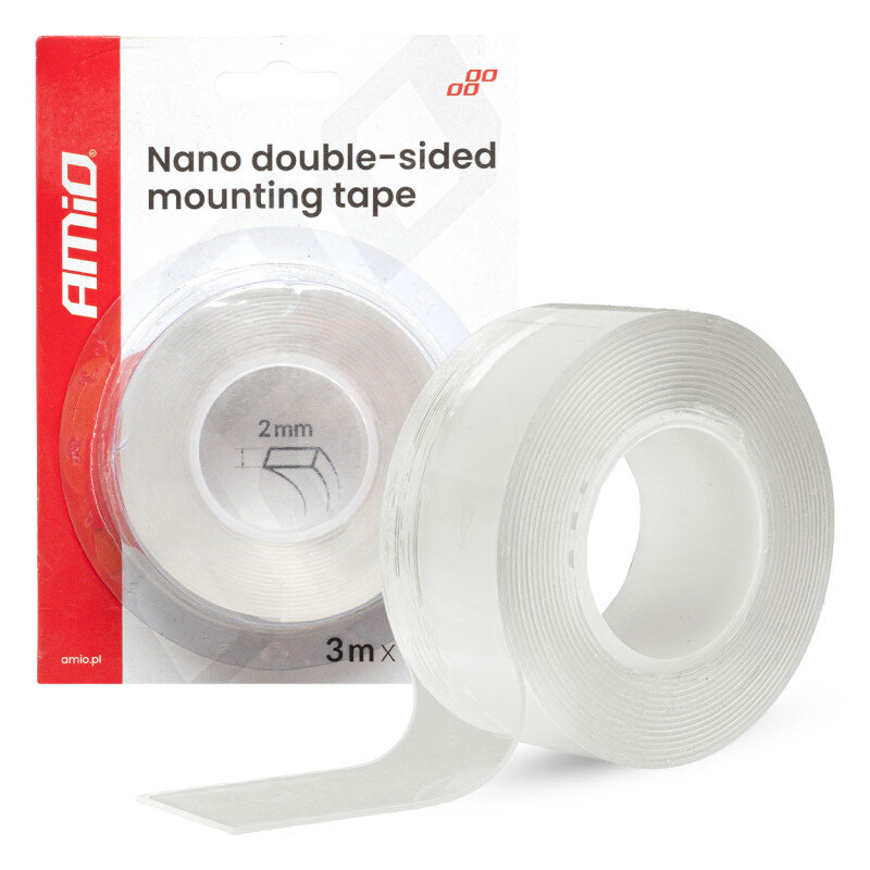 Obraz przedstawia przezroczystą taśmę montażową w rolce oraz jej opakowanie z napisem \'Nano double-sided mounting tape\'. Na opakowaniu widnieje logo \'AMiO\' oraz informacja \'3m x 2mm\'.