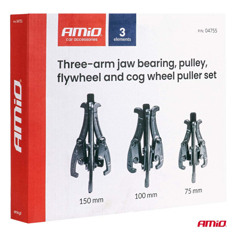 Opakowanie zestawu trójramiennych ściągaczy AMiO, zawierające trzy elementy o rozmiarach 150 mm, 100 mm i 75 mm. Na opakowaniu widnieje napis: \'Three-arm jaw bearing, pulley, flywheel and cog wheel puller set\'.