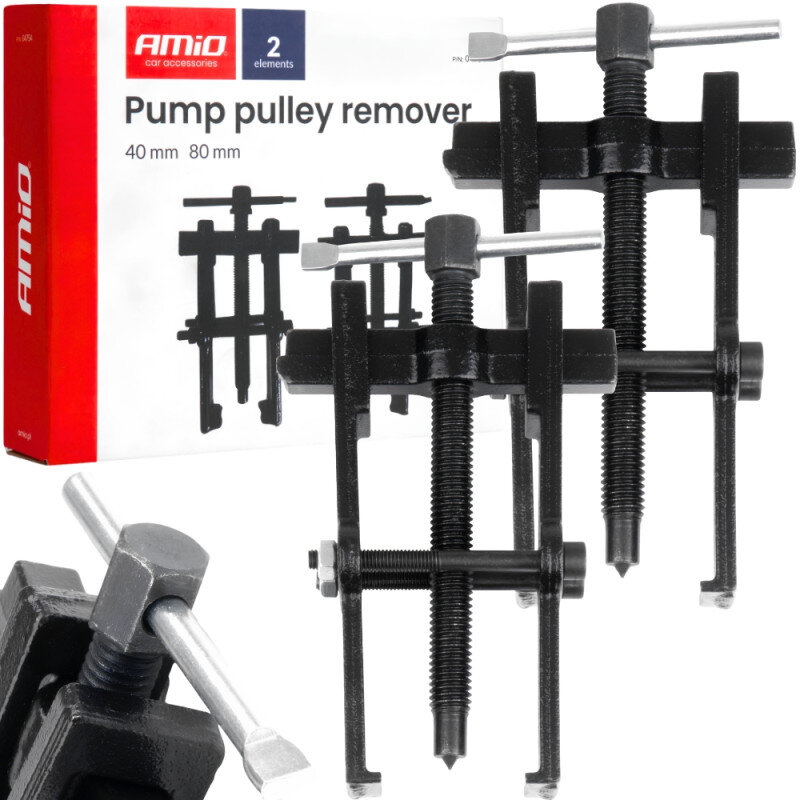 Na obrazie widoczny jest zestaw dwóch czarnych ściągaczy do kół pasowych oraz opakowanie z napisem \'AMiO car accessories Pump pulley remover 40 mm 80 mm 2 elements\'.