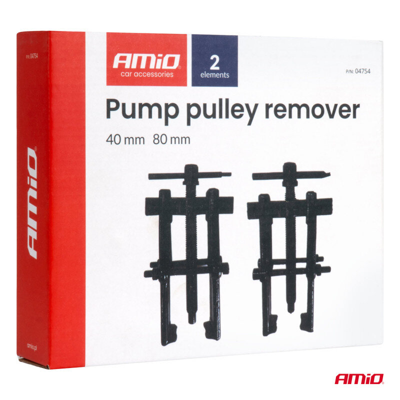Opakowanie produktu z napisem \'AMiO car accessories\', \'2 elements\', \'Pump pulley remover\', \'40 mm 80 mm\'. Widoczne są dwa czarne ściągacze do kół pasowych oraz logo AMiO.