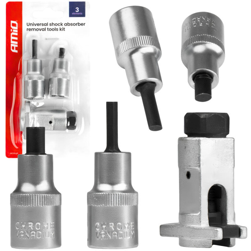 Na obrazie widoczny jest zestaw narzędzi do demontażu amortyzatorów, składający się z trzech elementów. Opakowanie zawiera napis \'Universal shock absorber removal tools kit\' oraz logo \'AMiO\'.