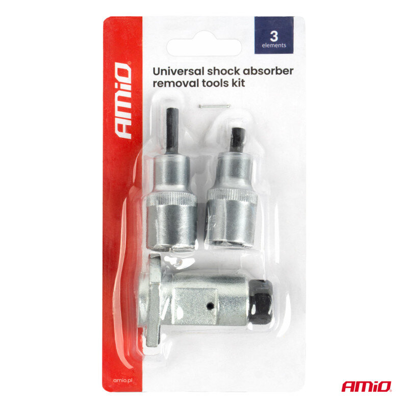 Opakowanie zawiera zestaw trzech metalowych narzędzi do demontażu amortyzatorów. Na opakowaniu widnieje tekst: \'Universal shock absorber removal tools kit\' oraz logo \'AMiO\'.