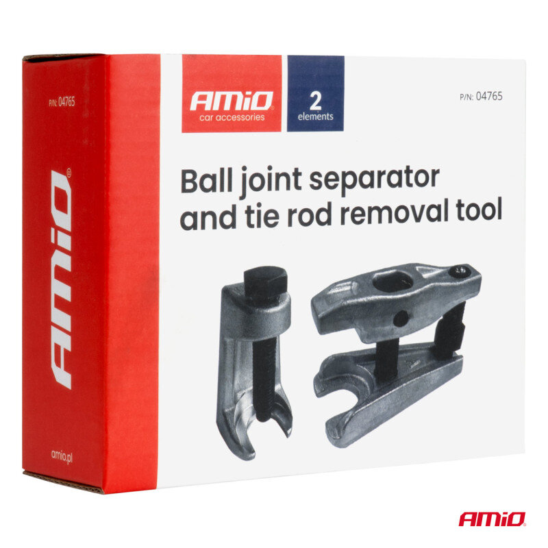 Opakowanie produktu z napisem \'Ball joint separator and tie rod removal tool\' oraz logo \'AMiO car accessories\'. Widoczne są dwa narzędzia metalowe na białym tle.
