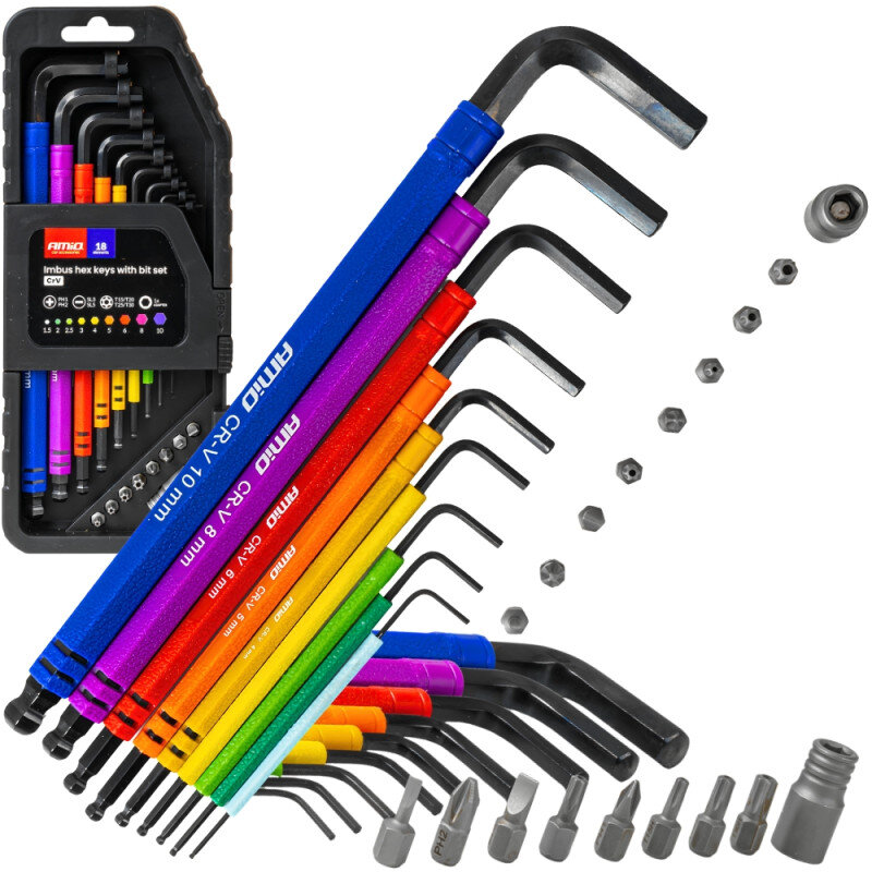 Zestaw kolorowych kluczy imbusowych i bitów w plastikowym etui z napisem \'AMiO Imbus hex keys with bit set\'. Widoczne są różnokolorowe klucze imbusowe oraz bity ułożone obok siebie.