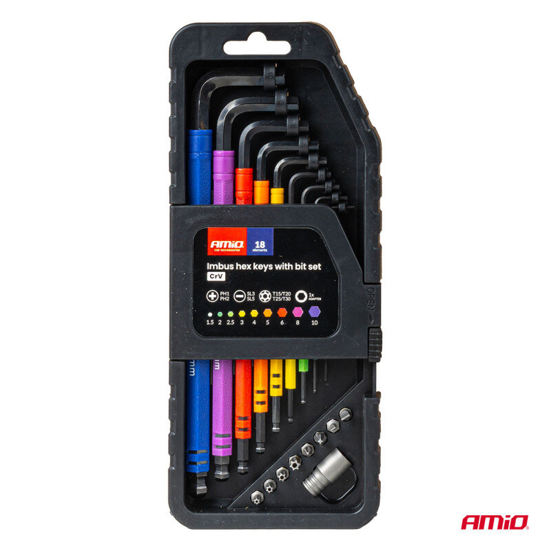 Zestaw kluczy imbusowych i bitów w kolorowym etui, zawierający różne rozmiary kluczy i bitów. Na opakowaniu widnieje logo \'Amio\' oraz napisy \'Imbus hex keys with bit set CrV1\'.