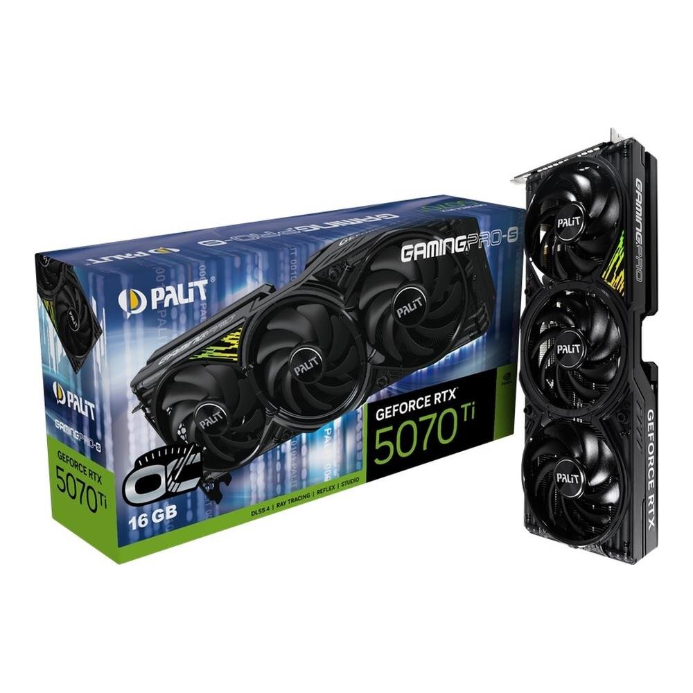Na obrazie widoczna jest karta graficzna z trzema wentylatorami oraz jej opakowanie z napisem \'Palit Geforce RTX 5070 Ti Gamingpro-S Oc 16Gb\'.