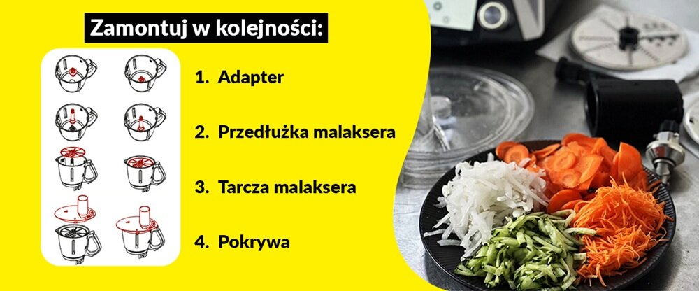 Obraz przedstawia instrukcję montażu malaksera z czterema krokami: 1. Adapter, 2. Przedłużka malaksera, 3. Tarcza malaksera, 4. Pokrywa. Obok znajduje się talerz z pokrojonymi warzywami oraz części malaksera na blacie.