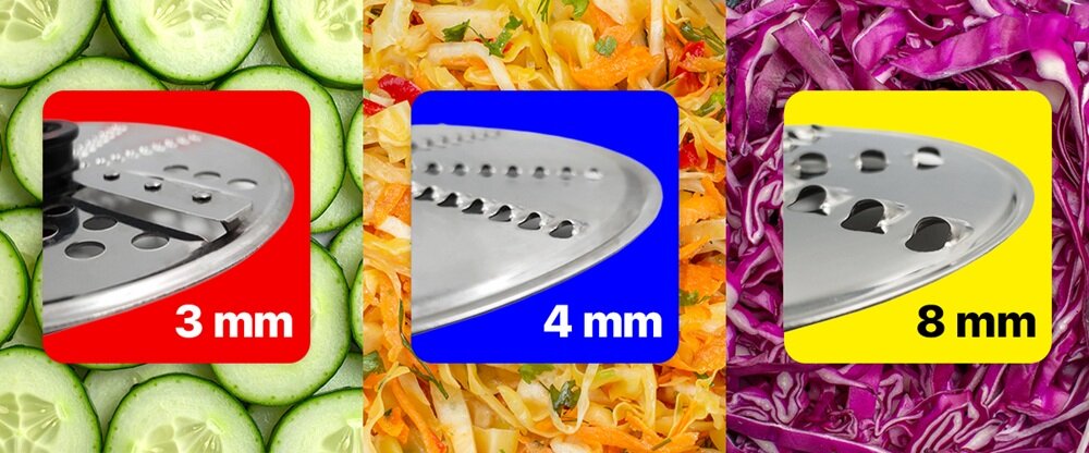 Obraz przedstawia trzy tarcze do krojenia o różnych grubościach: 3 mm na czerwonym tle, 4 mm na niebieskim tle i 8 mm na żółtym tle. W tle znajdują się pokrojone warzywa: ogórki, mieszanka warzyw i czerwona kapusta.