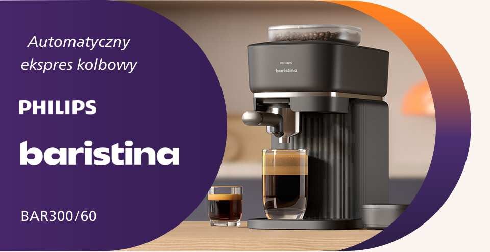 Na obrazie znajduje się automatyczny ekspres kolbowy PHILIPS baristina BAR300/60 z filiżanką kawy. Obok ekspresu widoczny jest napis: \'Automatyczny ekspres kolbowy PHILIPS baristina BAR300/60\'.