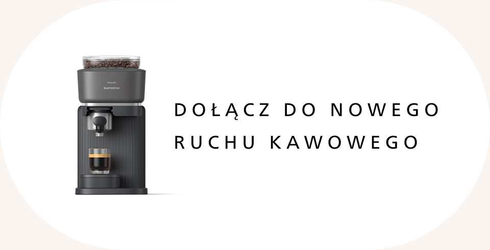 Na obrazie widoczny jest ekspres do kawy z filiżanką kawy pod dyszą. Obok znajduje się tekst: \'DOŁĄCZ DO NOWEGO RUCHU KAWOWEGO\'.