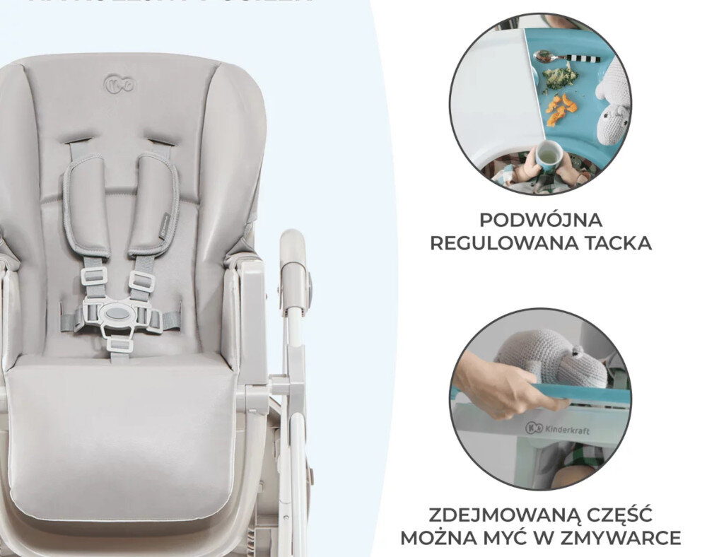 Szare krzesełko do karmienia z pasami bezpieczeństwa i logo Kinderkraft. Obok widoczne są dwa okrągłe zdjęcia z napisami: \'PODWÓJNA REGULOWANA TACKA\' oraz \'ZDEJMOWANĄ CZĘŚĆ MOŻNA MYĆ W ZMYWARCE\'.