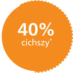 Pomarańczowe koło z białym napisem \'40% cichszy*\'.