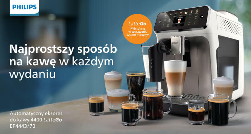 Na obrazie widoczny jest ekspres do kawy marki PHILIPS z kilkoma filiżankami różnych rodzajów kawy. Tekst na obrazie: \'Najprostszy sposób na kawę w każdym wydaniu\', \'Automatyczny ekspres do kawy 4400 LatteGo EP4443/70\'.