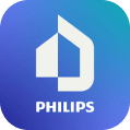 Ikona z białym logo PHILIPS na niebieskim tle, przedstawiająca stylizowany kształt domu.