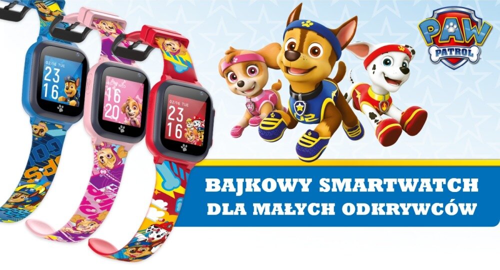Obraz przedstawia trzy smartwatche z kolorowymi paskami i motywami z bajki Psi Patrol. Obok widoczne są postacie z bajki oraz napis \'BAJKOWY SMARTWATCH DLA MAŁYCH ODKRYWCÓW\'.