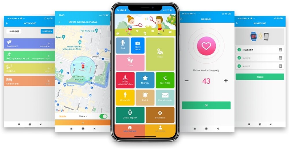 Na obrazie widoczny jest smartfon z kolorowym interfejsem aplikacji, otoczony przez cztery ekrany aplikacji z różnymi funkcjami, w tym mapą i ustawieniami. Na jednym z ekranów widoczny jest symbol serca z liczbą 43.