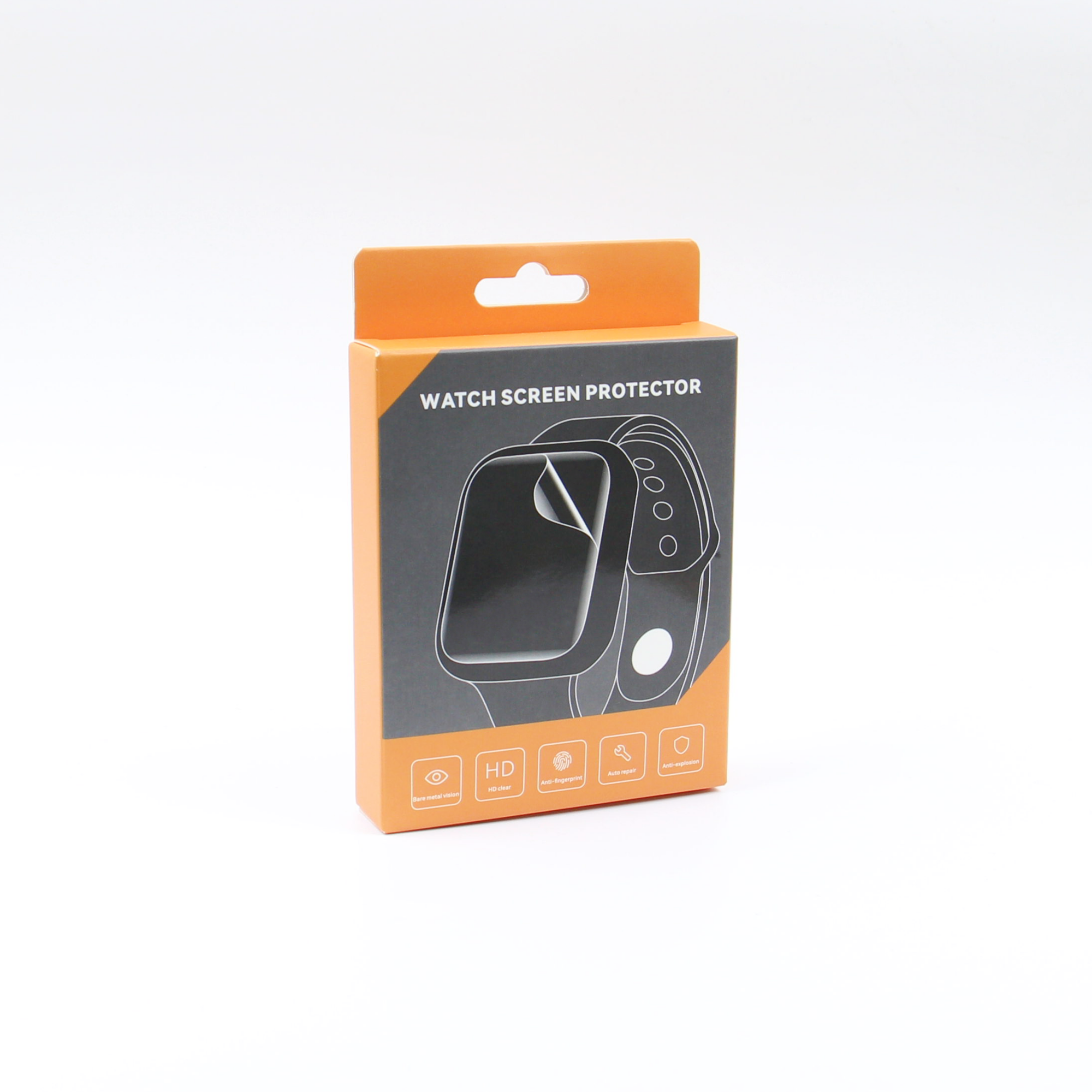 Opakowanie z napisem \'WATCH SCREEN PROTECTOR\' przedstawia grafikę smartwatcha z nałożoną folią ochronną. Na dole opakowania znajdują się ikony z napisami: \'Retina and HD\', \'HD Clear\', \'Anti-Fingerprint\', \'Anti-Bubble\'.