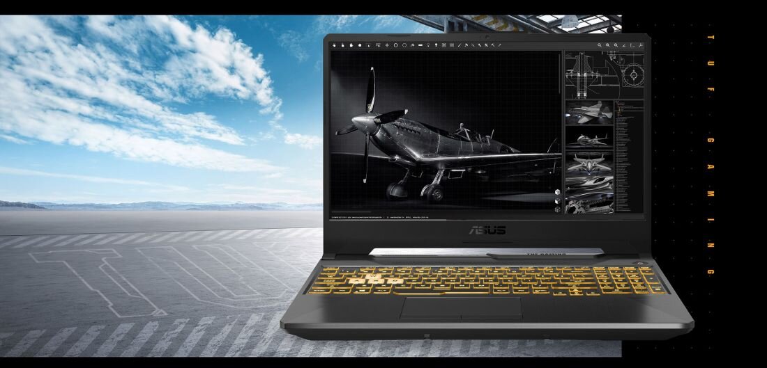Laptop z wyświetlaczem pokazującym czarno-biały model samolotu na tle lotniska z niebem pełnym chmur. Klawiatura laptopa jest podświetlona na żółto, a na obudowie widoczne jest logo ASUS.