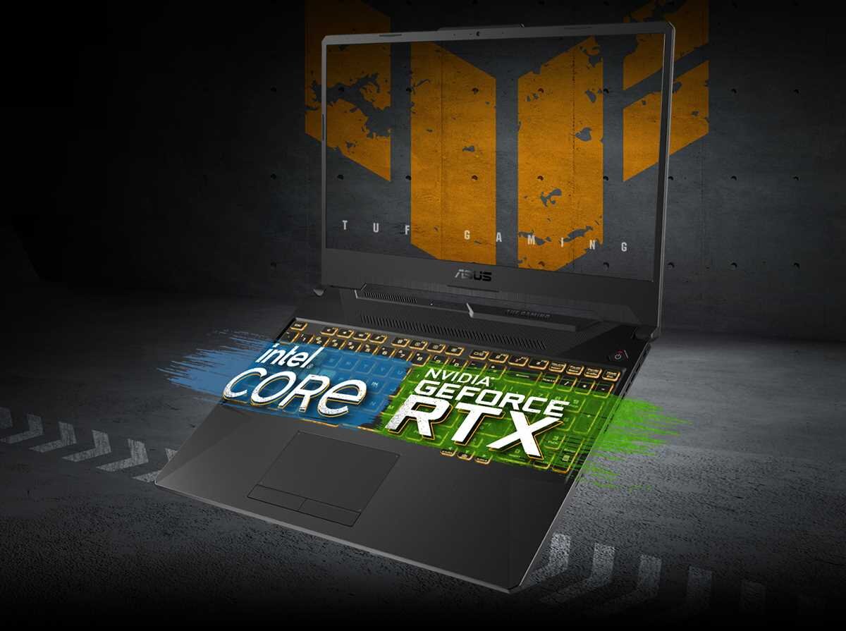 Laptop z otwartym ekranem, na którym widoczne jest logo \'TUF Gaming\'. Na klawiaturze wyświetlone są napisy \'intel CORE\' i \'NVIDIA GeForce RTX\'.