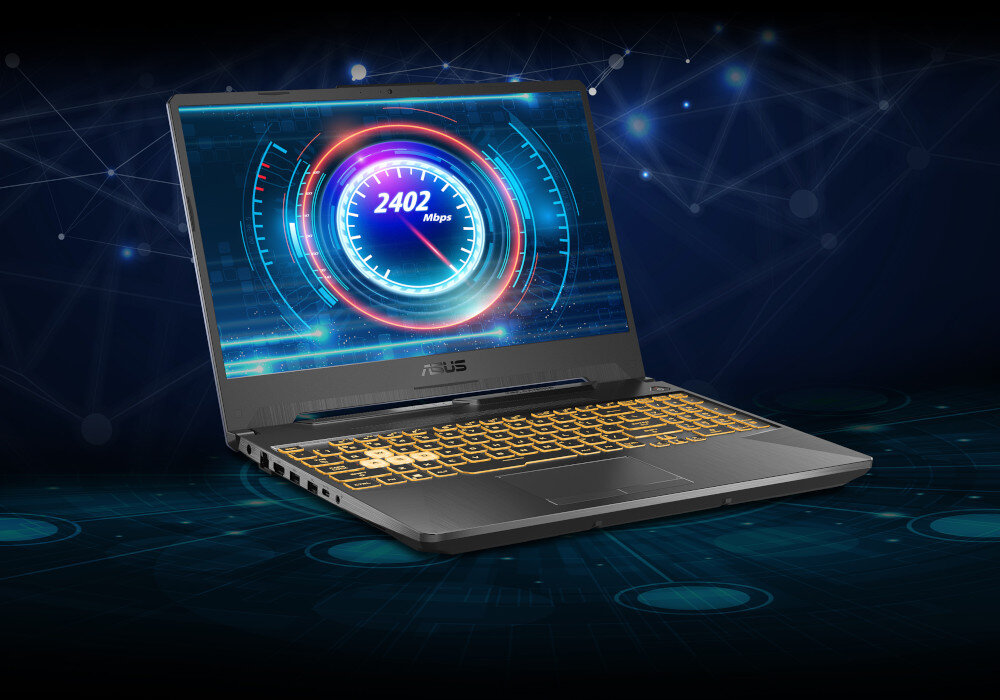 Laptop z podświetlaną klawiaturą i wyświetlaczem pokazującym prędkość 2402 Mbps. Na obudowie widoczne jest logo ASUS.